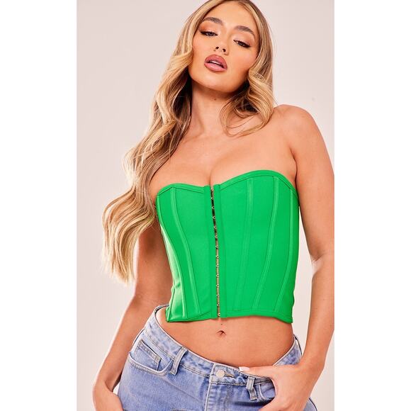 NWT PrettyLittleThing Green Hook & Eye Corset Top Size 4 Bandage Structured - Picture 1 of 16